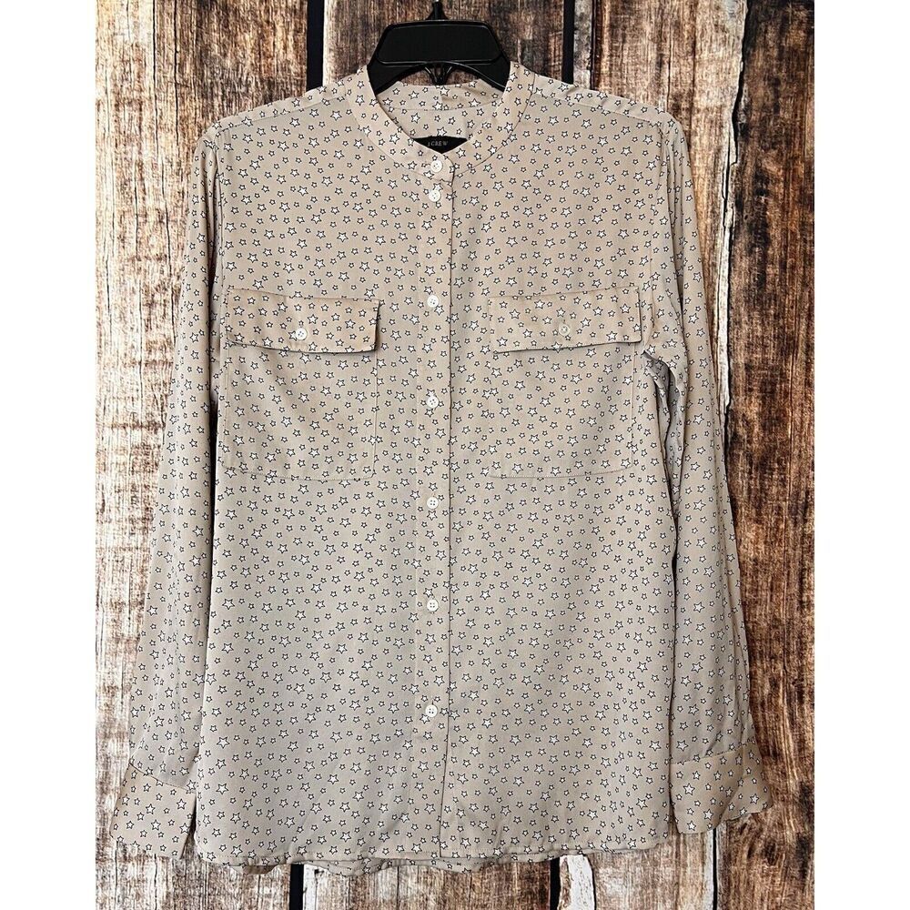 J Crew Silk Star Novelty Print Button Up Blouse Taupe Size 2